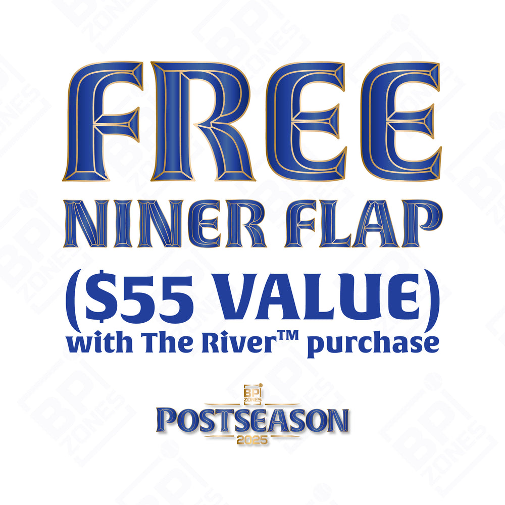 Promotional text for a free 'Niner Flap' with 'The River' purchase, featuring blue and gold text on a white background.